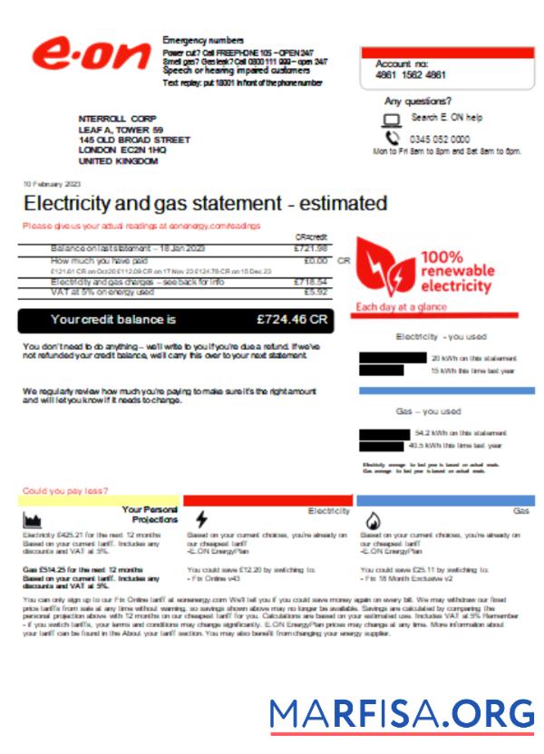 Printable E.ON UK utility business bill, SCR1 template